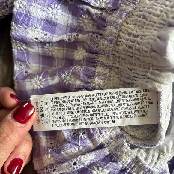 English Factory Square Neck Purple Gingham Smocked Short Sleeve Blouse Medium - Picture 7 of 7